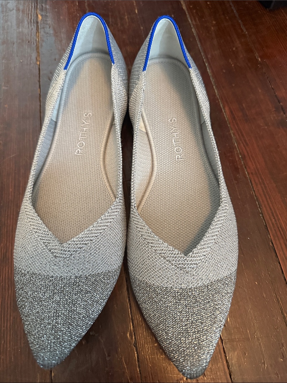 Rothy's The Point - Silver Metallic with Blue Trim
